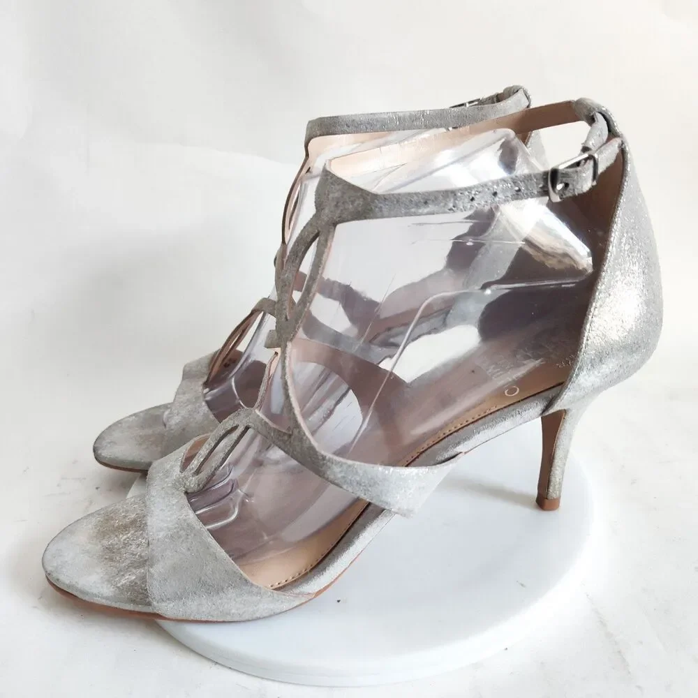 New Vince Camuto Sandals Size 10‎ Leather Silver Formal Strappy Heels Payto Gala